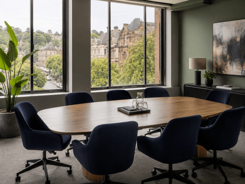 Bright modern meeting room with large windows over a leafy Glasgow street, navy chairs and sage wall - Oracle Law Glasgow