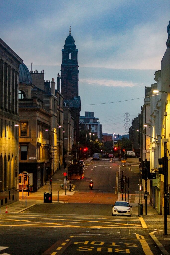Modern Glasgow business district with Victorian and contemporary architecture in evening light - Oracle Law Glasgow