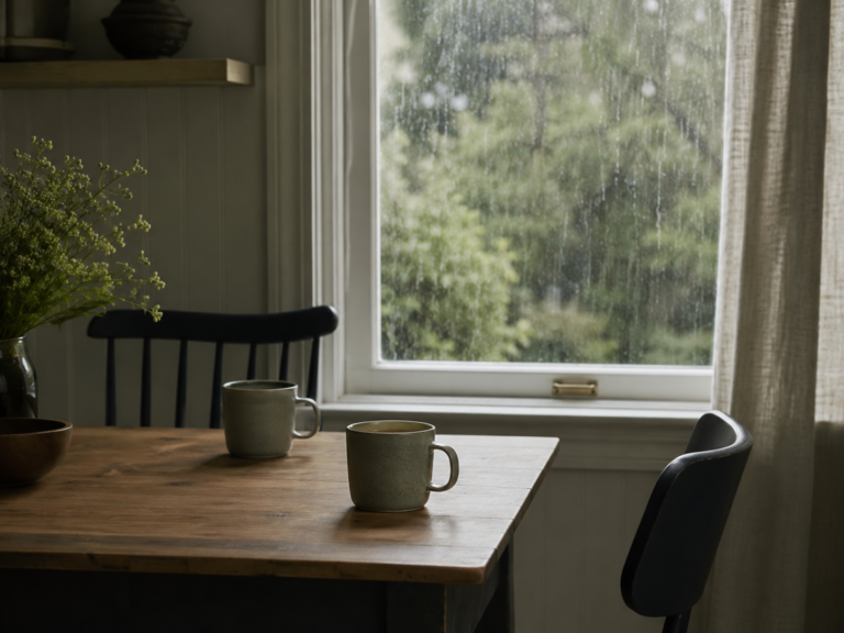 Two ceramic coffee cups on a wooden table by a rainy window, one chair pulled away - Oracle Law Glasgow