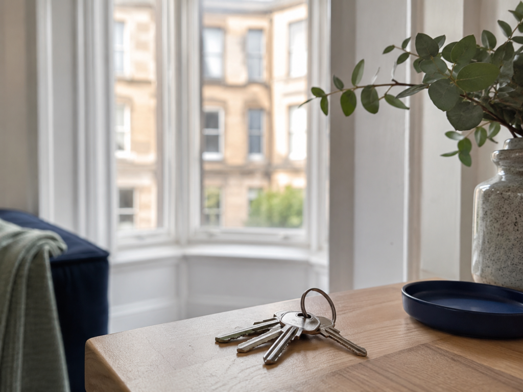 House keys on a wooden surface with an out-of-focus tenement bay window behind in morning light - Oracle Law Glasgow
