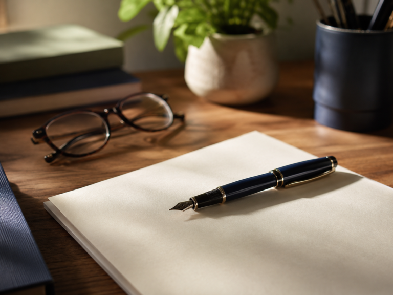 A navy fountain pen resting on cream writing paper beside reading glasses and a small plant - Oracle Law Glasgow